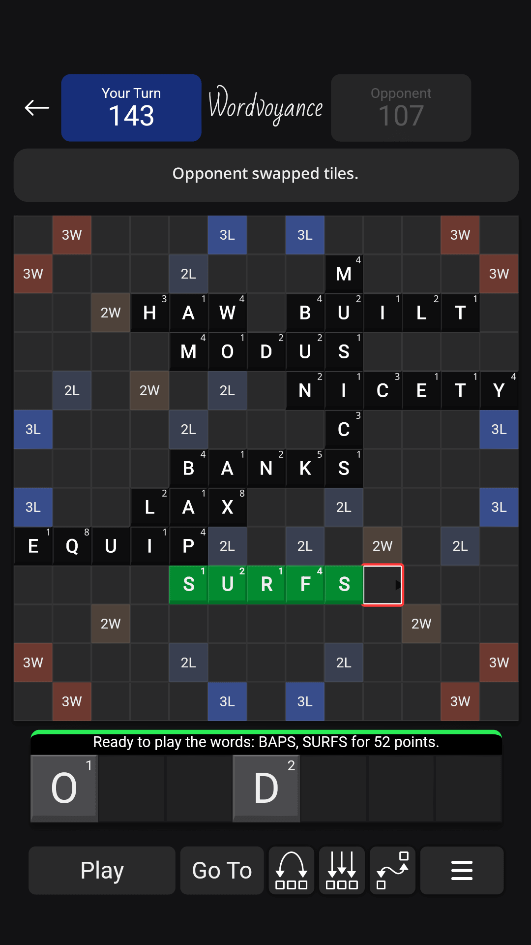 A screenshot of Wordvoyance, in its Dark theme, where the player has used rack tiles to spell the word SURFS for 52 points, forming a crossword by making the word BAP into a present-tense verb.