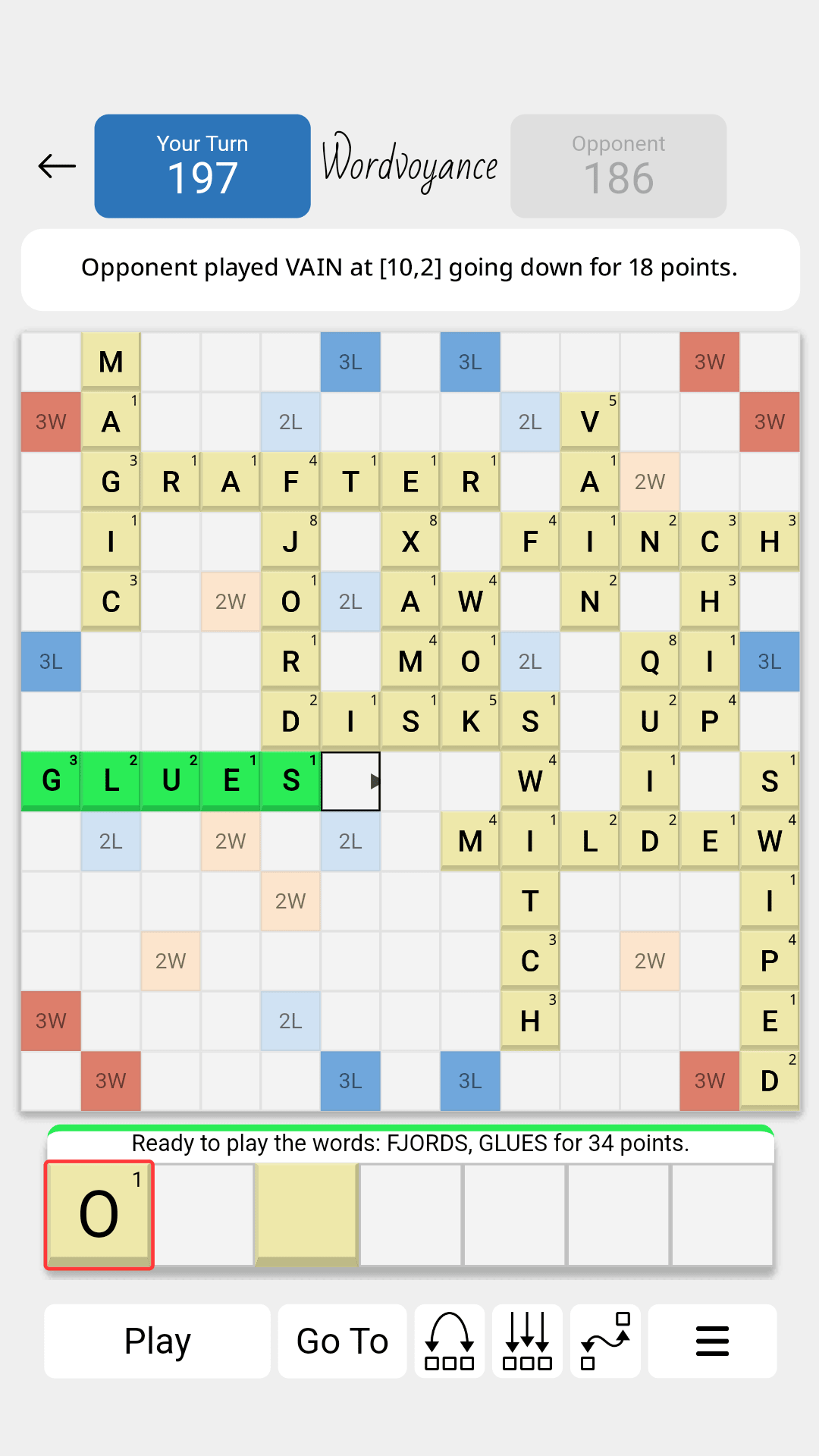 A screenshot of Wordvoyance, in its Light theme, where the player has used rack tiles to spell the word GLUES for 34 points, forming a crossword by making the word FJORD on the board into a plural.